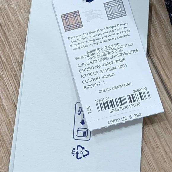 $390 Mens Burberry Denim Check Baseball Cap Hat Indigo Large